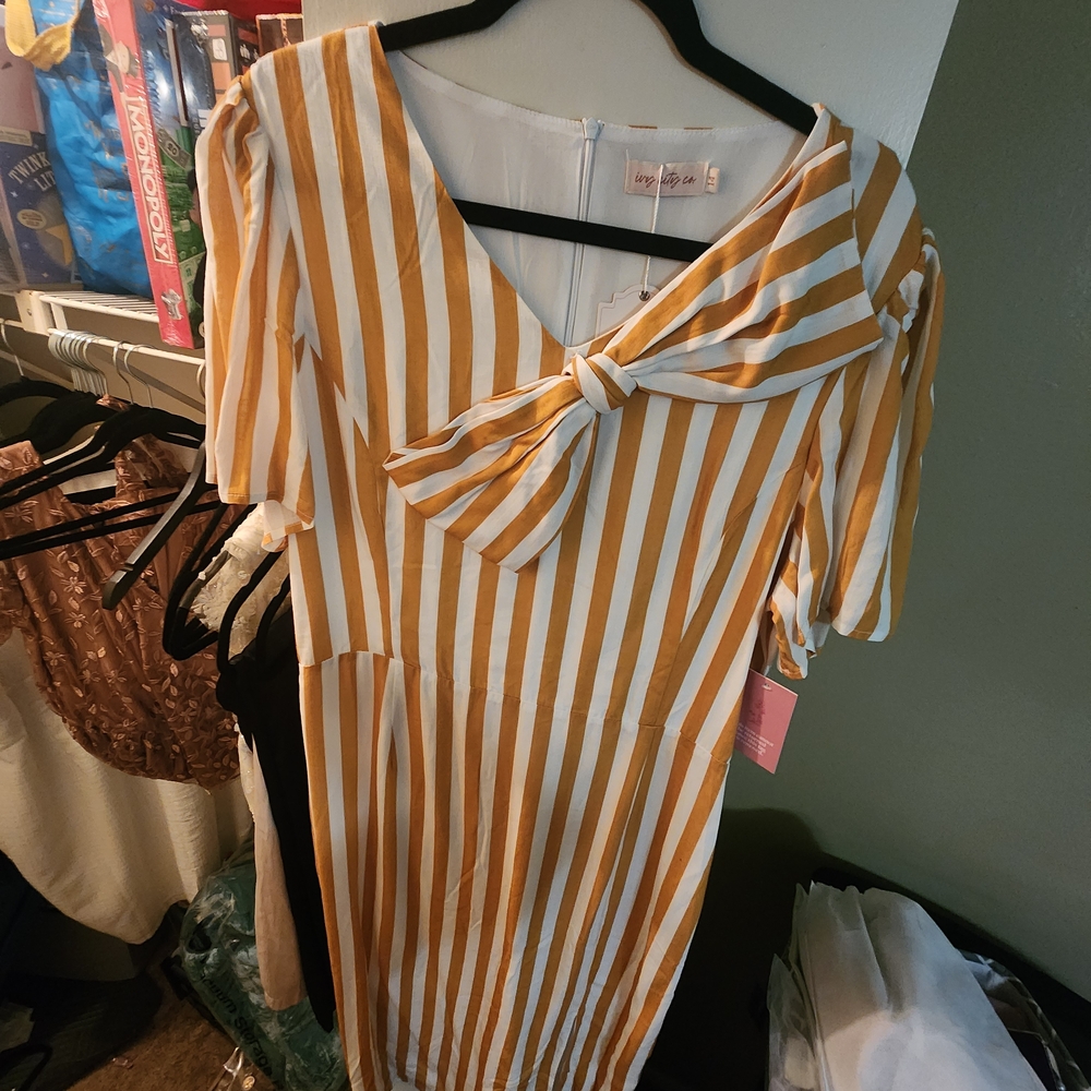 Ivy City Co Mustard and White Striped Midi Dress